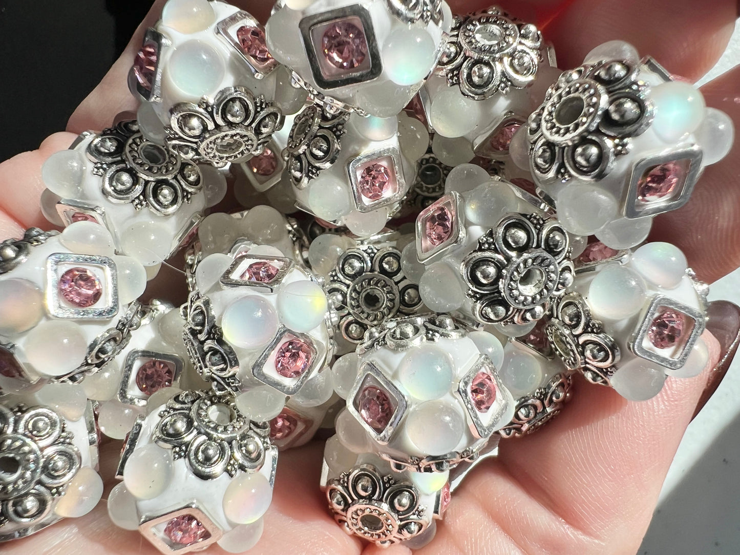 White Bubble Square with Pink Stone