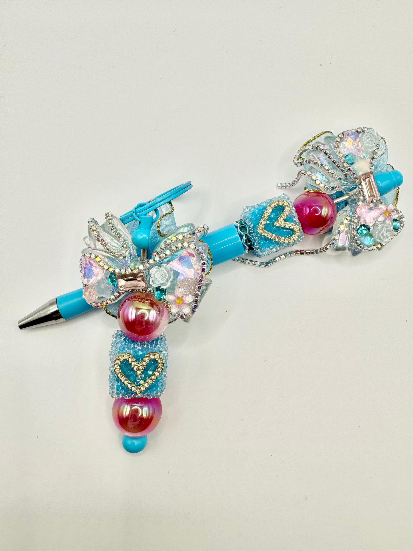 Keychain/Pen Combo Blue Bow with Heart Cube
