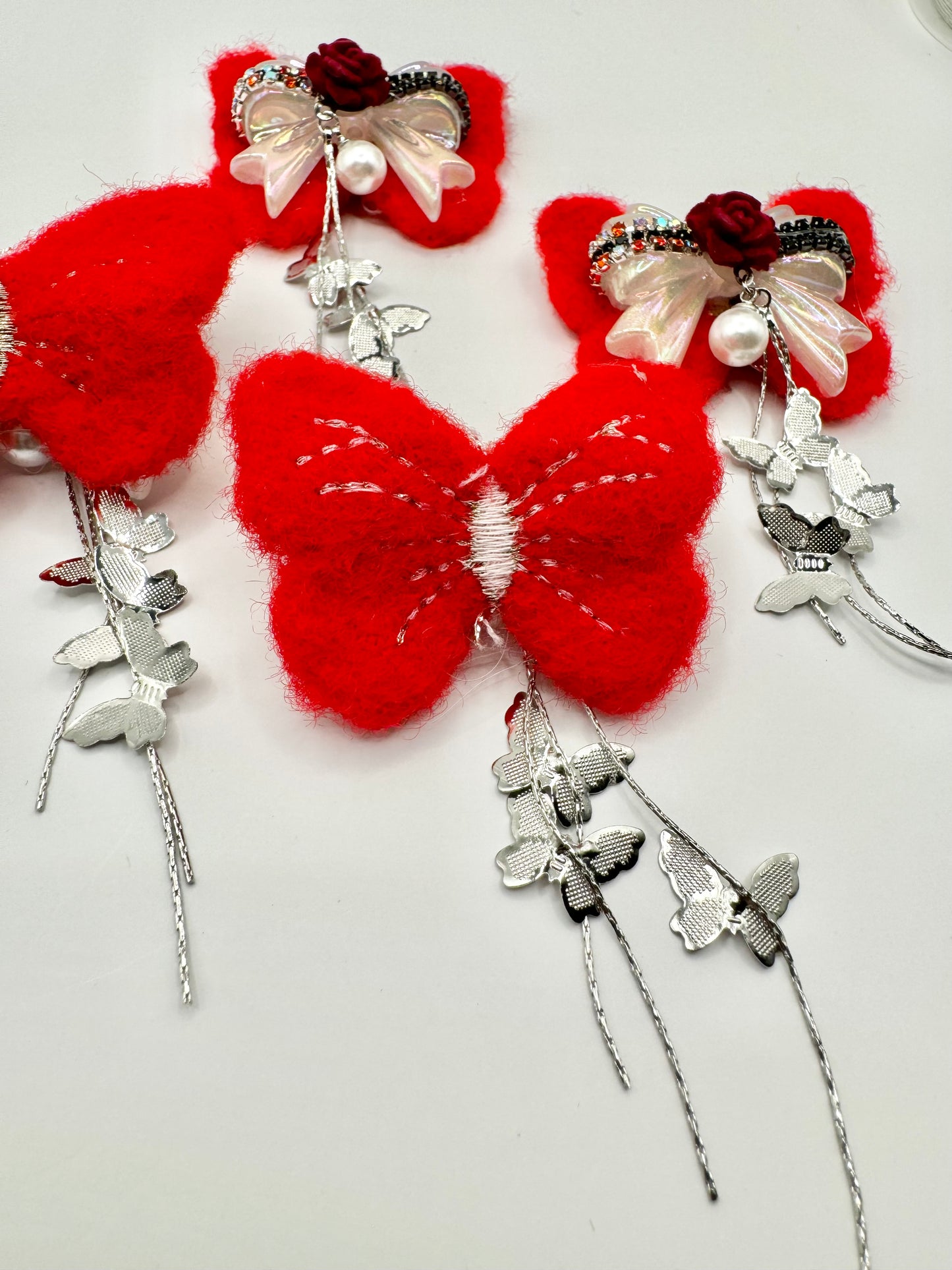 White Bow with Red Butterfly