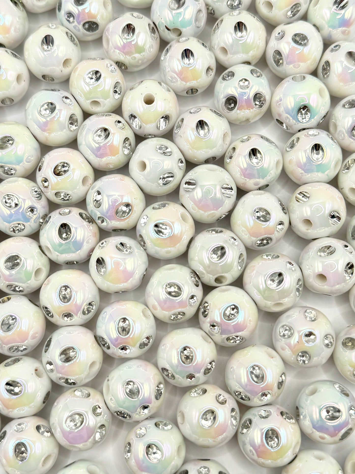 15mm White Iridescent Rhinestone Bead