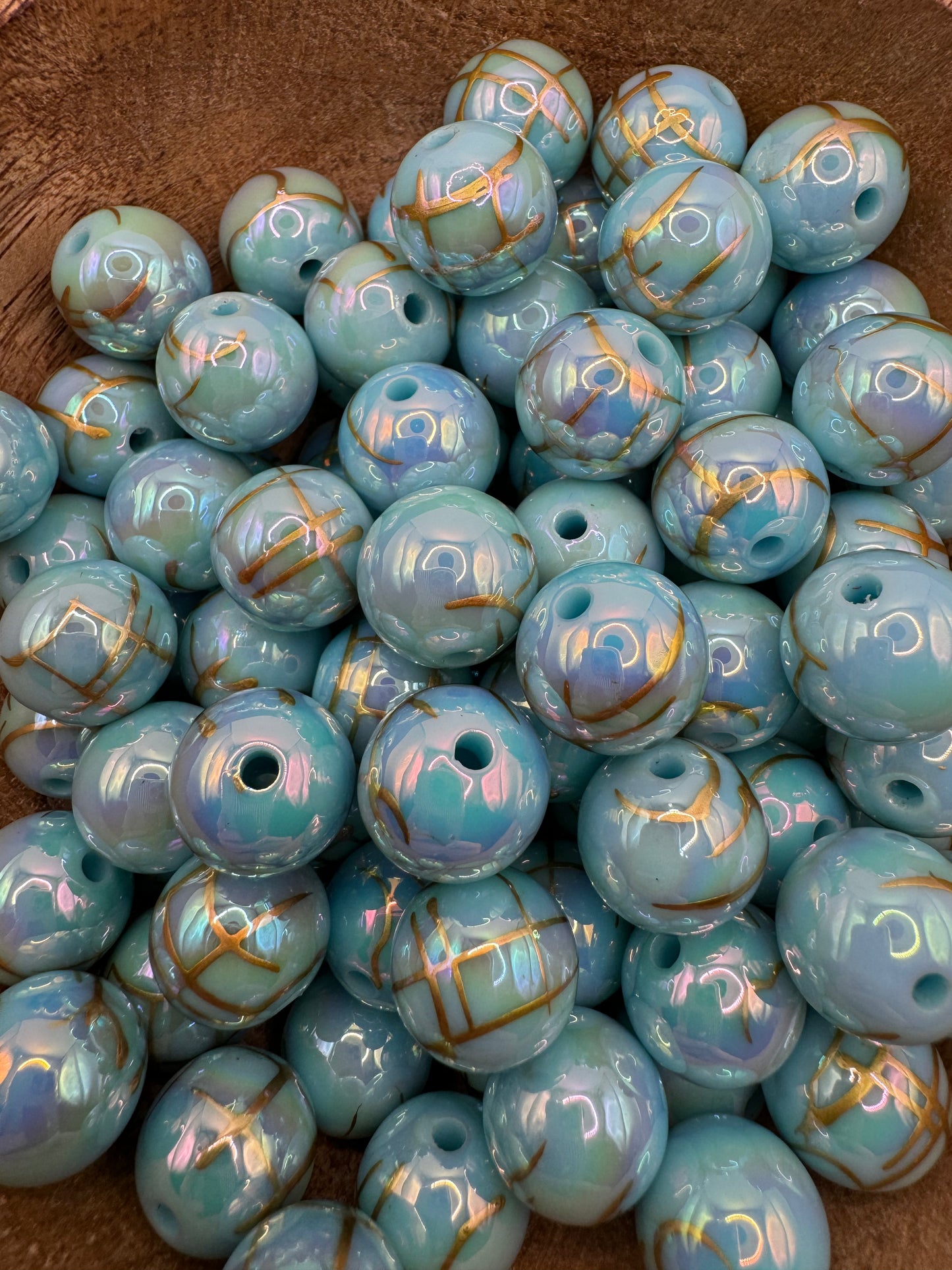 15mm Blue Gold Stripe Beads