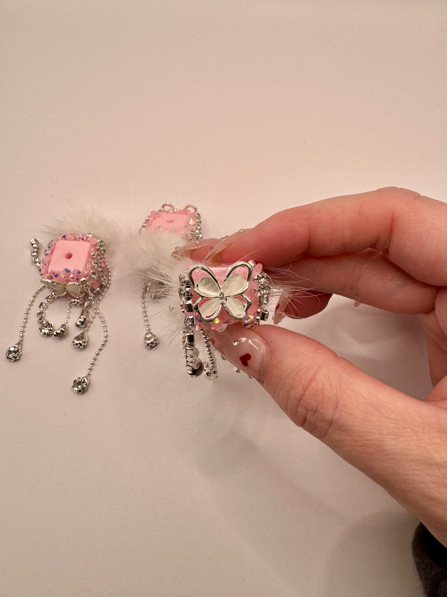 Pink Cube with White Pompom and Embellishments