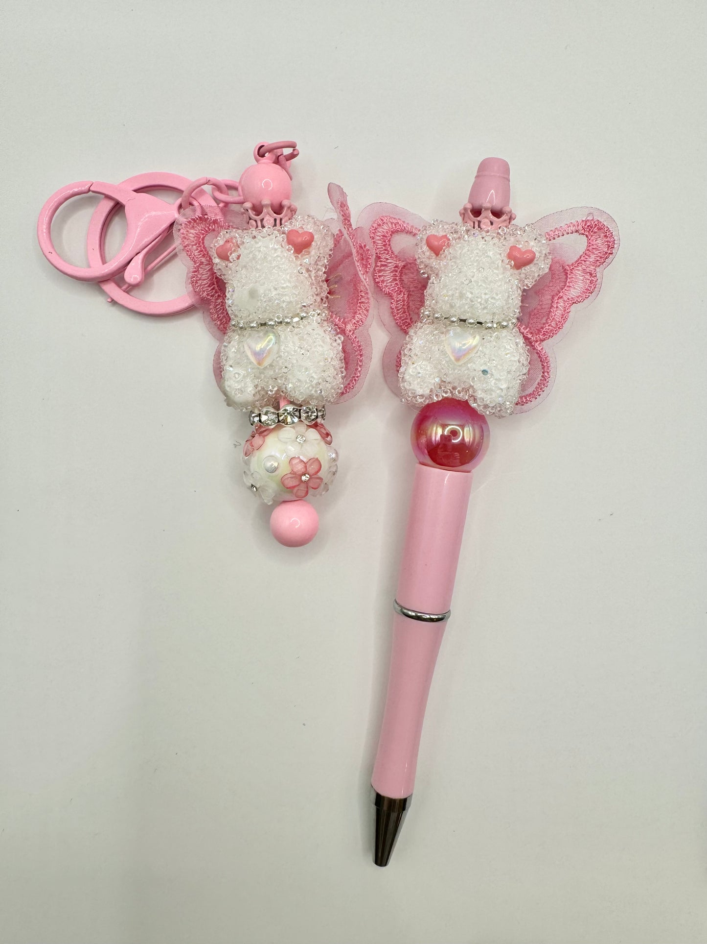 Keychain/Pen Combo White Bear/Pink Butterfly