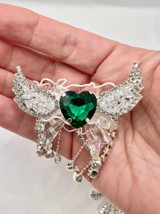 Luminous Clear Bow with Angel Wings and Green Heart