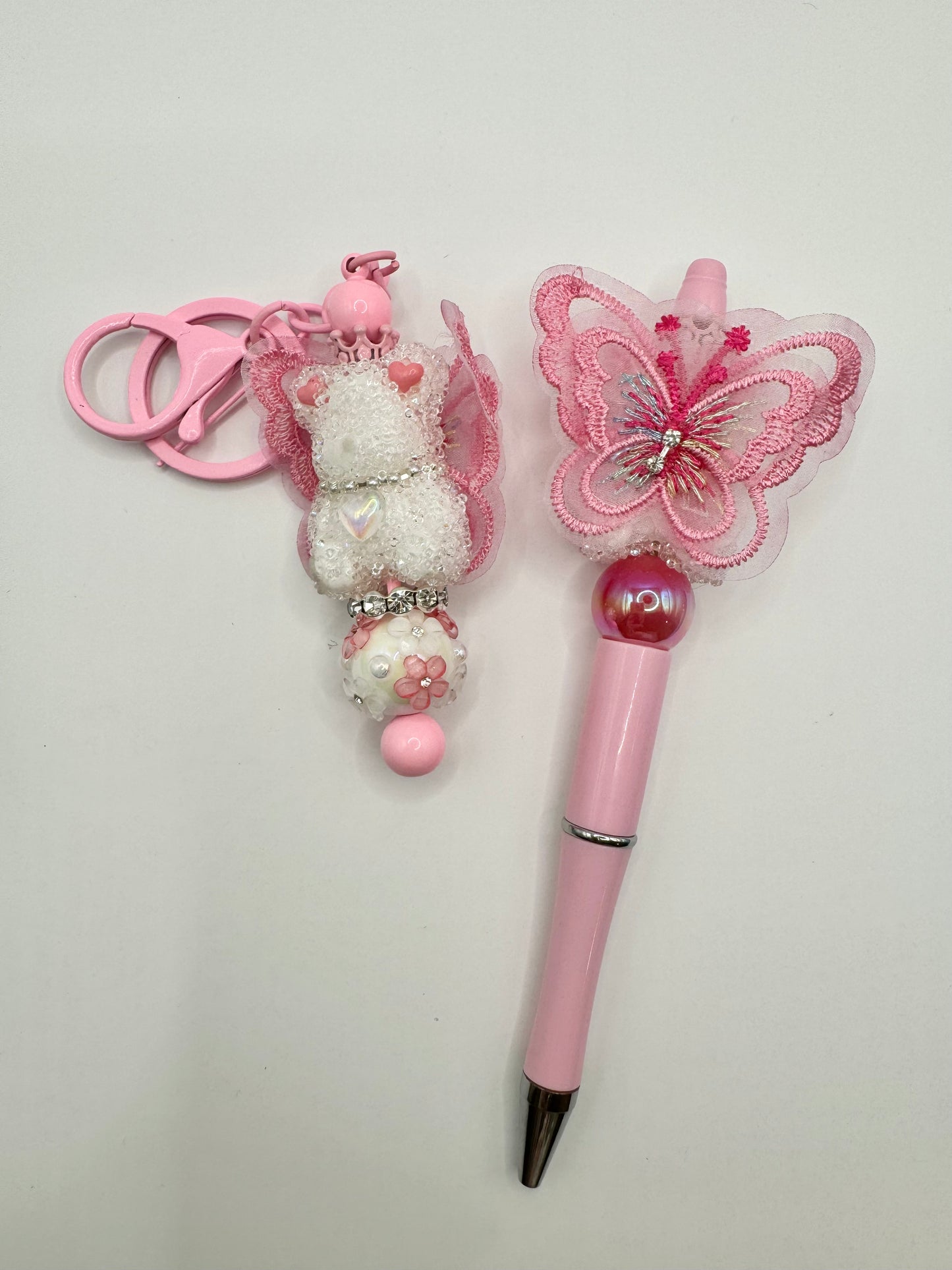 Keychain/Pen Combo White Bear/Pink Butterfly