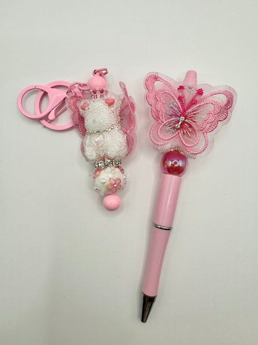 Keychain/Pen Combo White Bear/Pink Butterfly