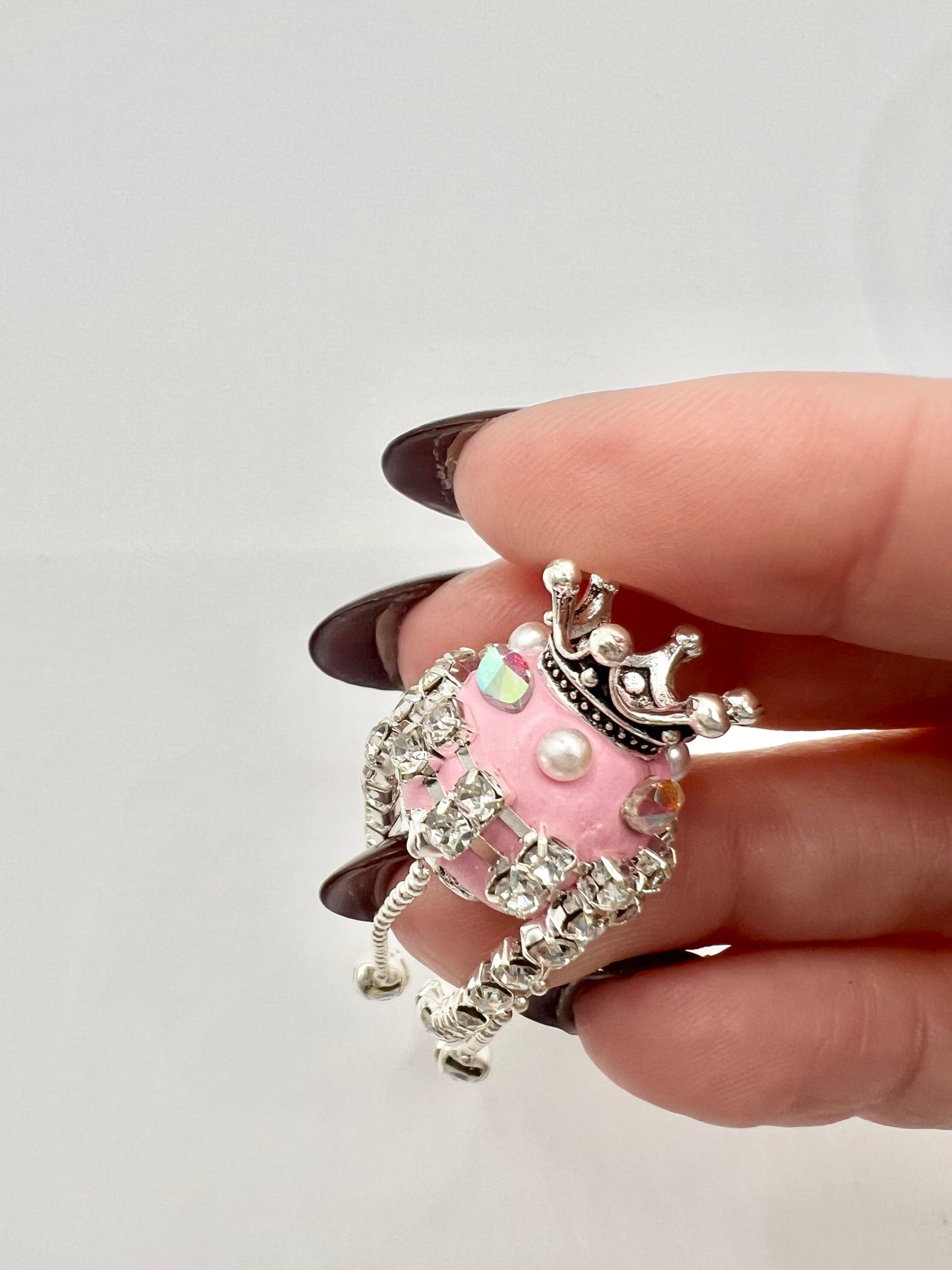 Pink Round Bead with Crown and Rhinestones