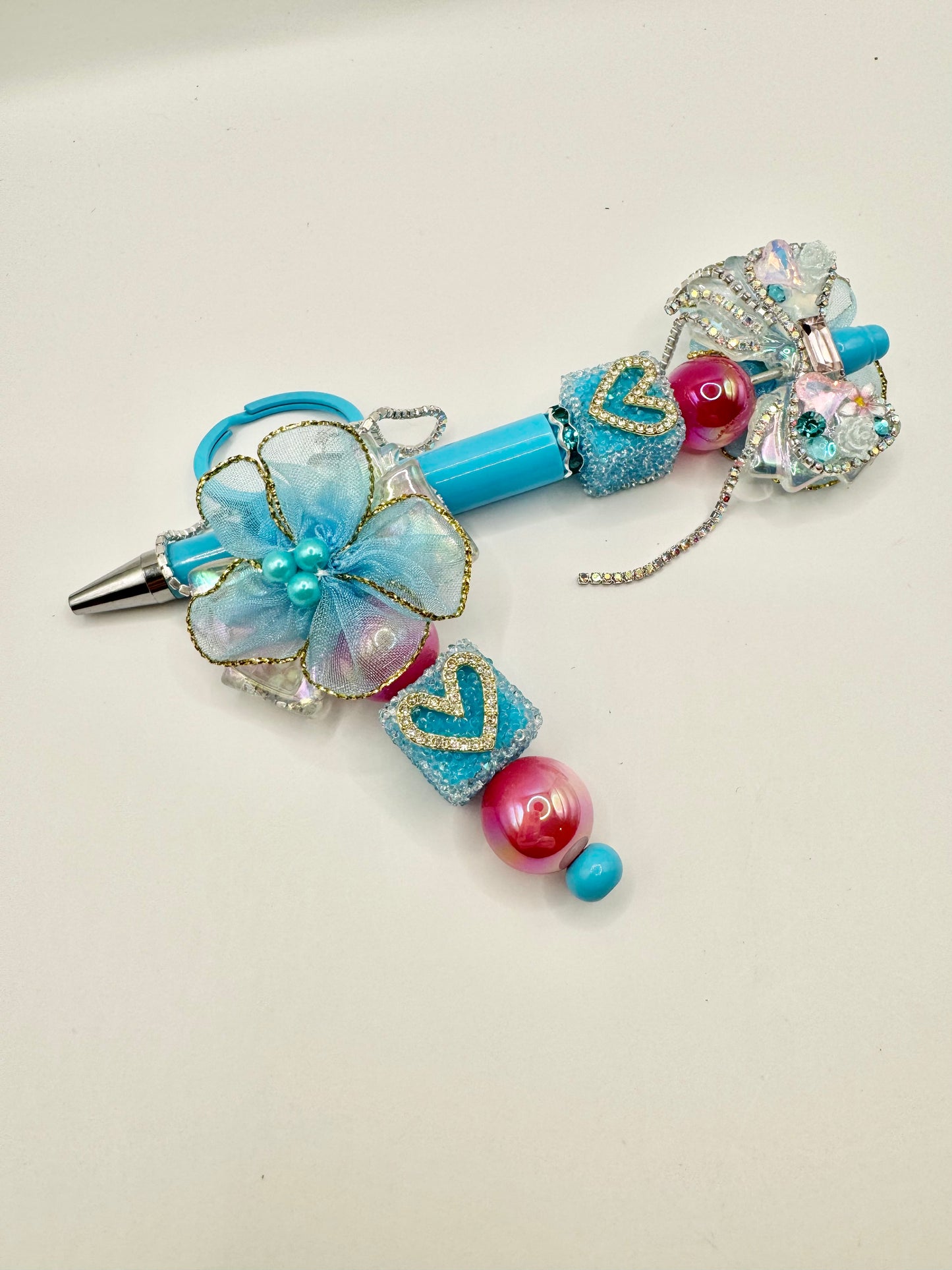 Keychain/Pen Combo Blue Bow with Heart Cube