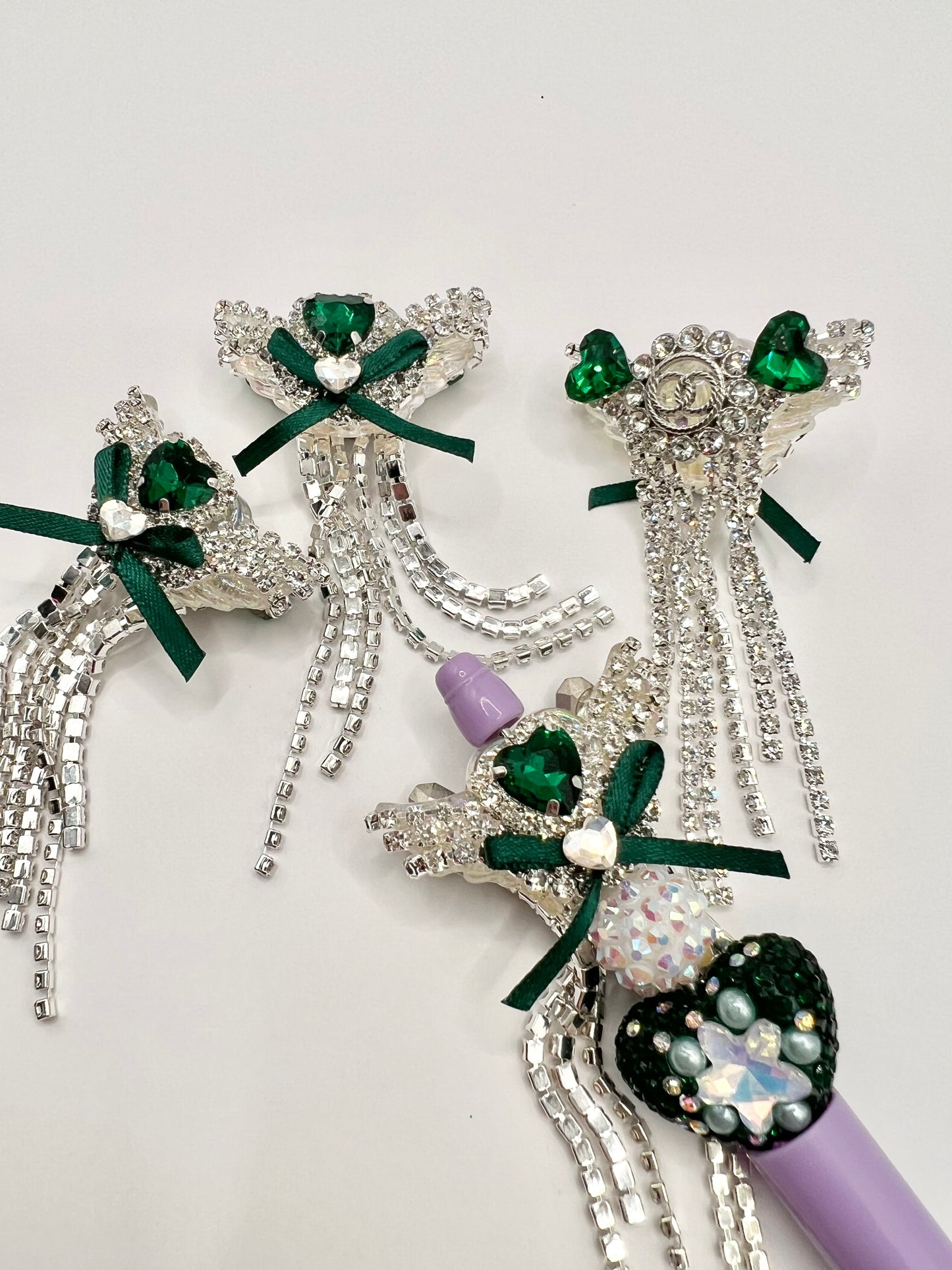 Luminous Angel Wing with Green Hearts and Rhinestones