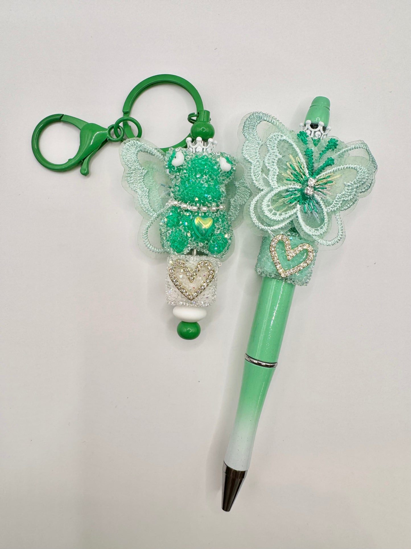 Keychain/Pen Combo Green Bear with Butterfly