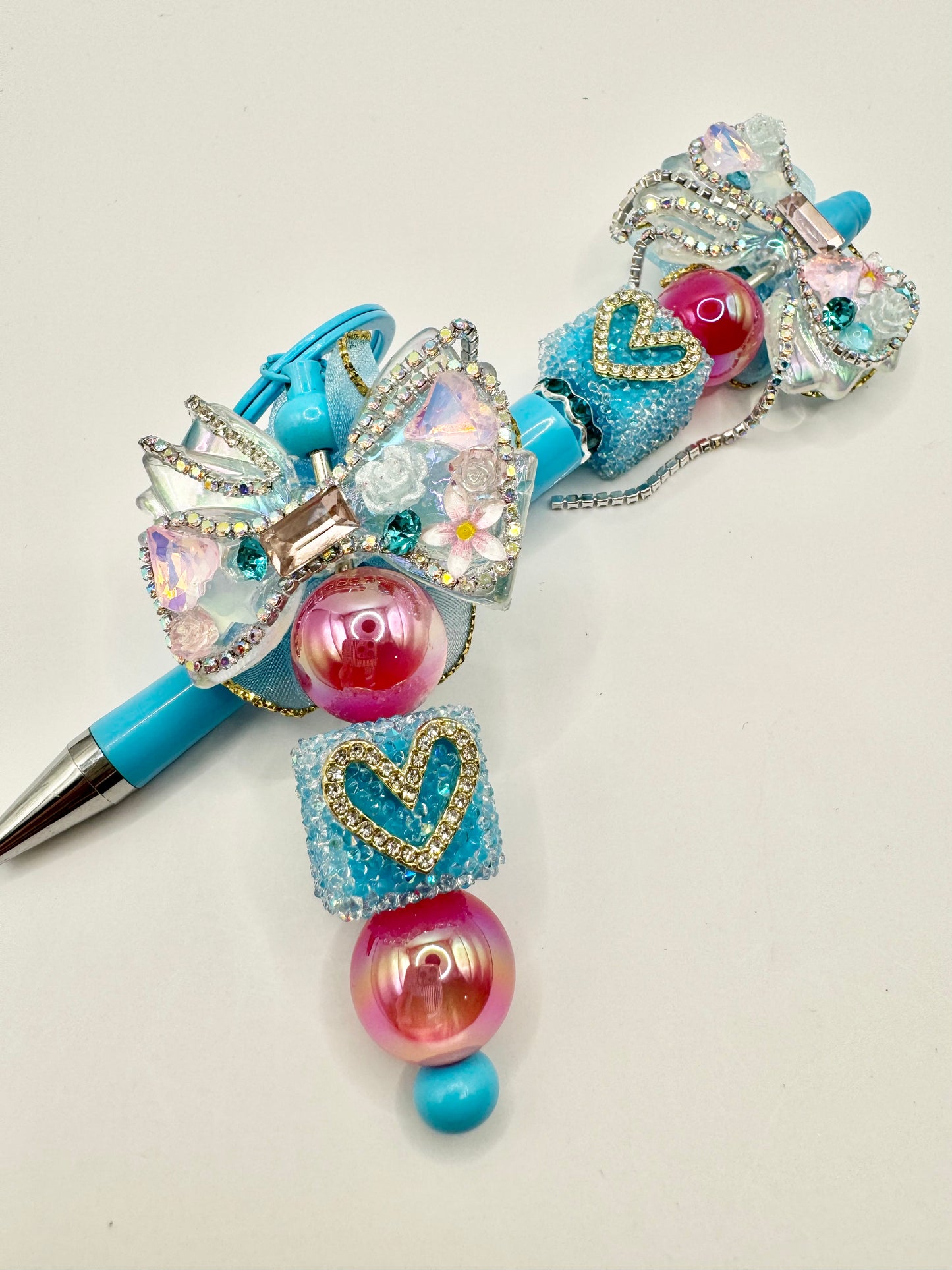Keychain/Pen Combo Blue Bow with Heart Cube