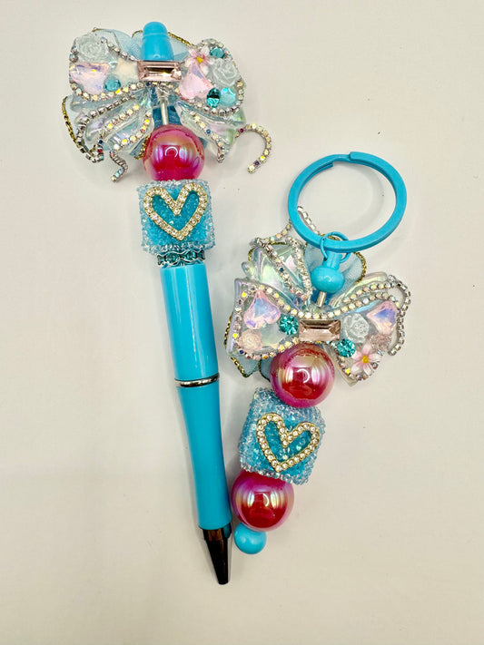 Keychain/Pen Combo Blue Bow with Heart Cube