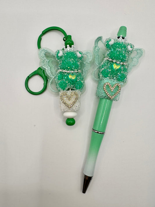 Keychain/Pen Combo Green Bear with Butterfly