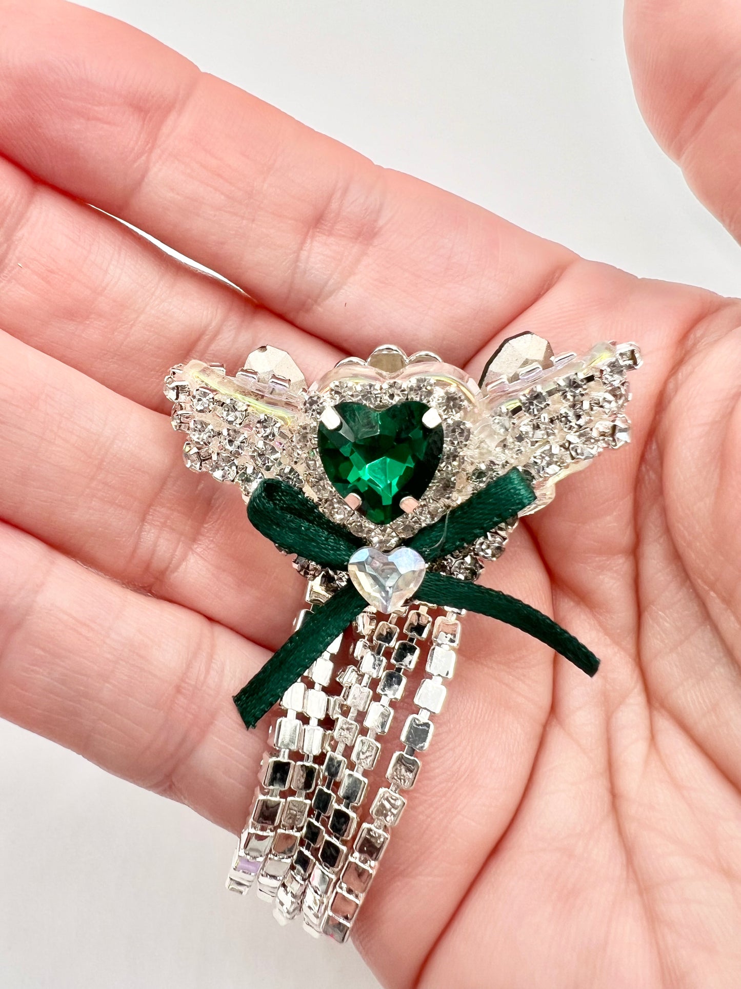 Luminous Angel Wing with Green Hearts and Rhinestones