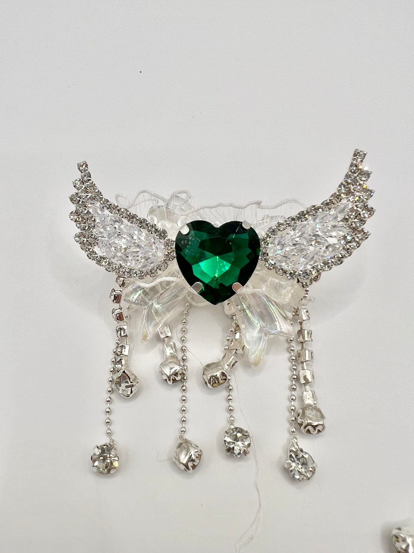 Luminous Clear Bow with Angel Wings and Green Heart