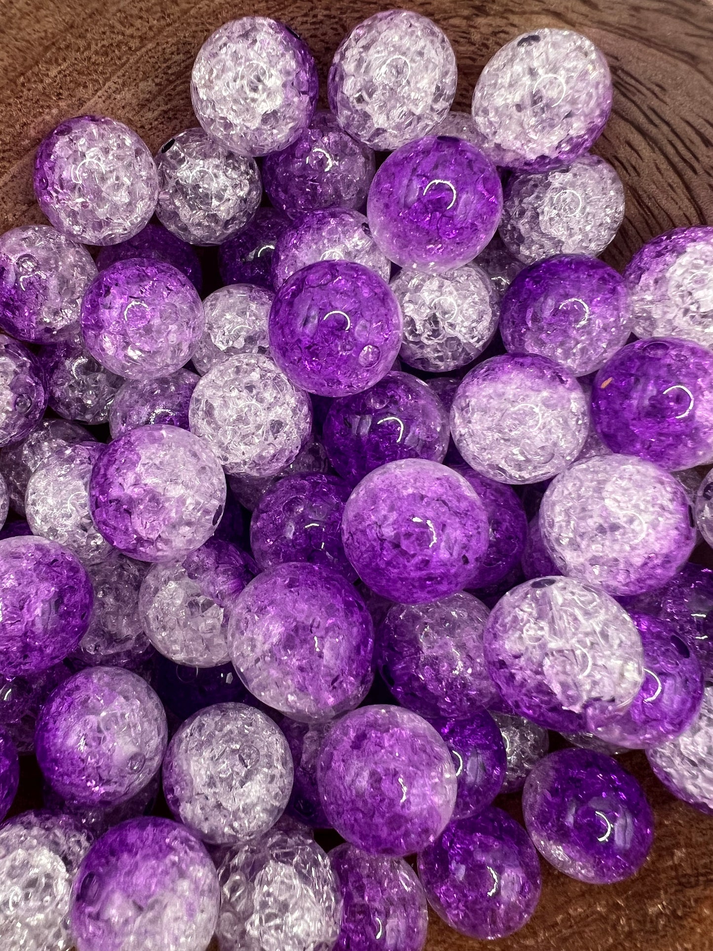 16mm Purple and Clear Crackle Beads