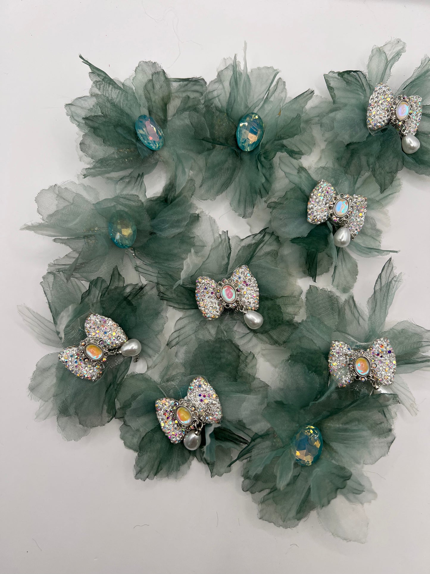 Rhinestone Bow with Green Tulle