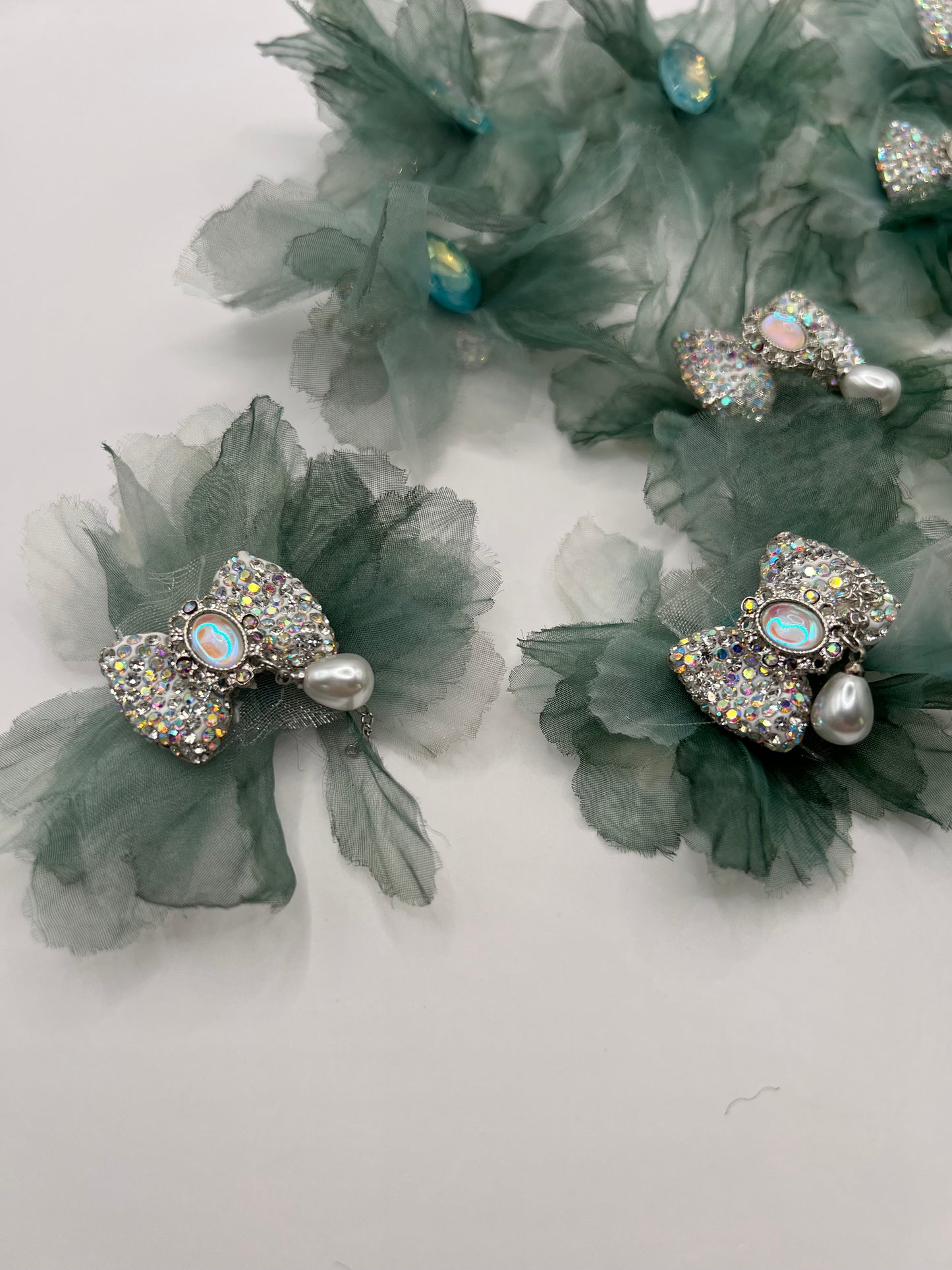 Rhinestone Bow with Green Tulle