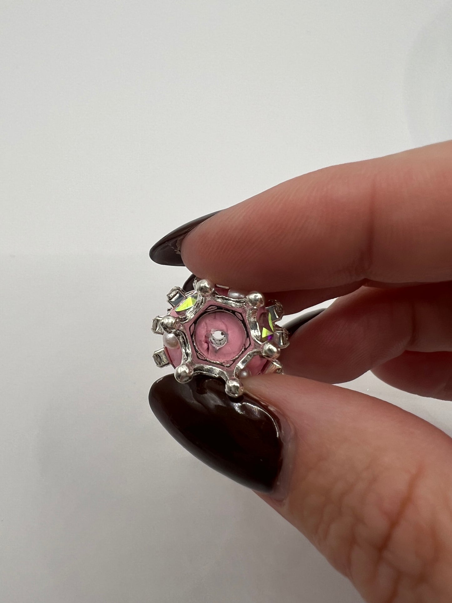 Pink Round Bead with Crown and Rhinestones