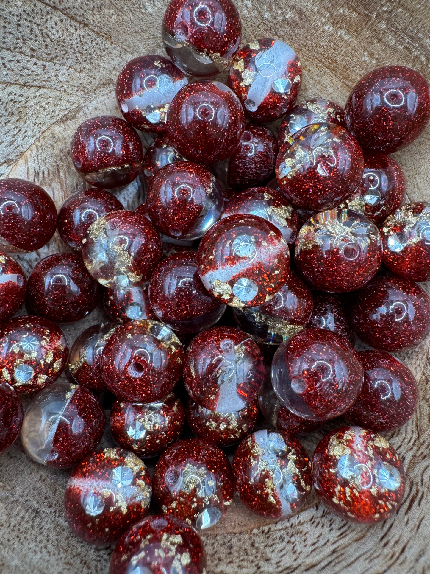 16MM Red Glitter Bead with Gold and Rhinestones Inside