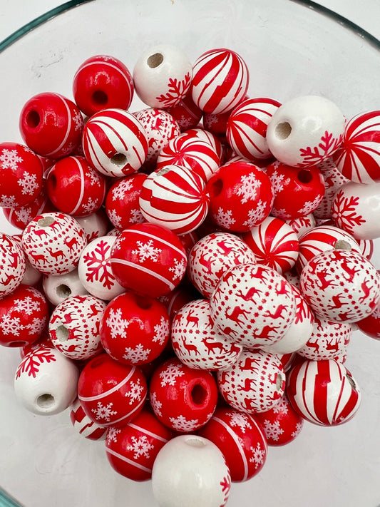 Mix Red and White Christmas Wooden Beads